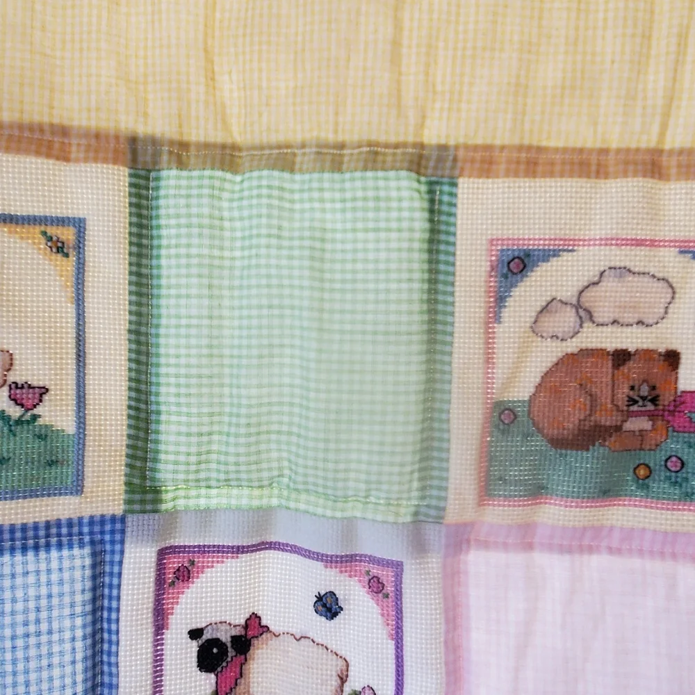VTG Embroidered Baby Quilt 33x42 Cross Stitch 1980s Farm Animals Gingham Crib